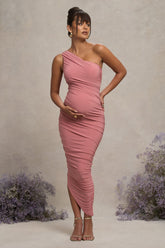 Blush Pink Maternity Ruched One Shoulder Midi Dress